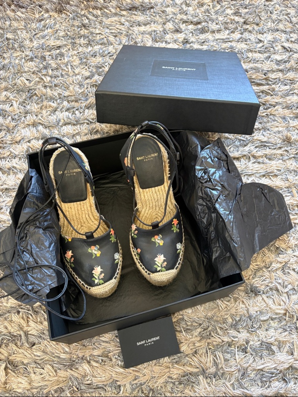 Saint Laurent Natural Raffia Wedges with Black Floral Ties 36 - Picture 10 of 13